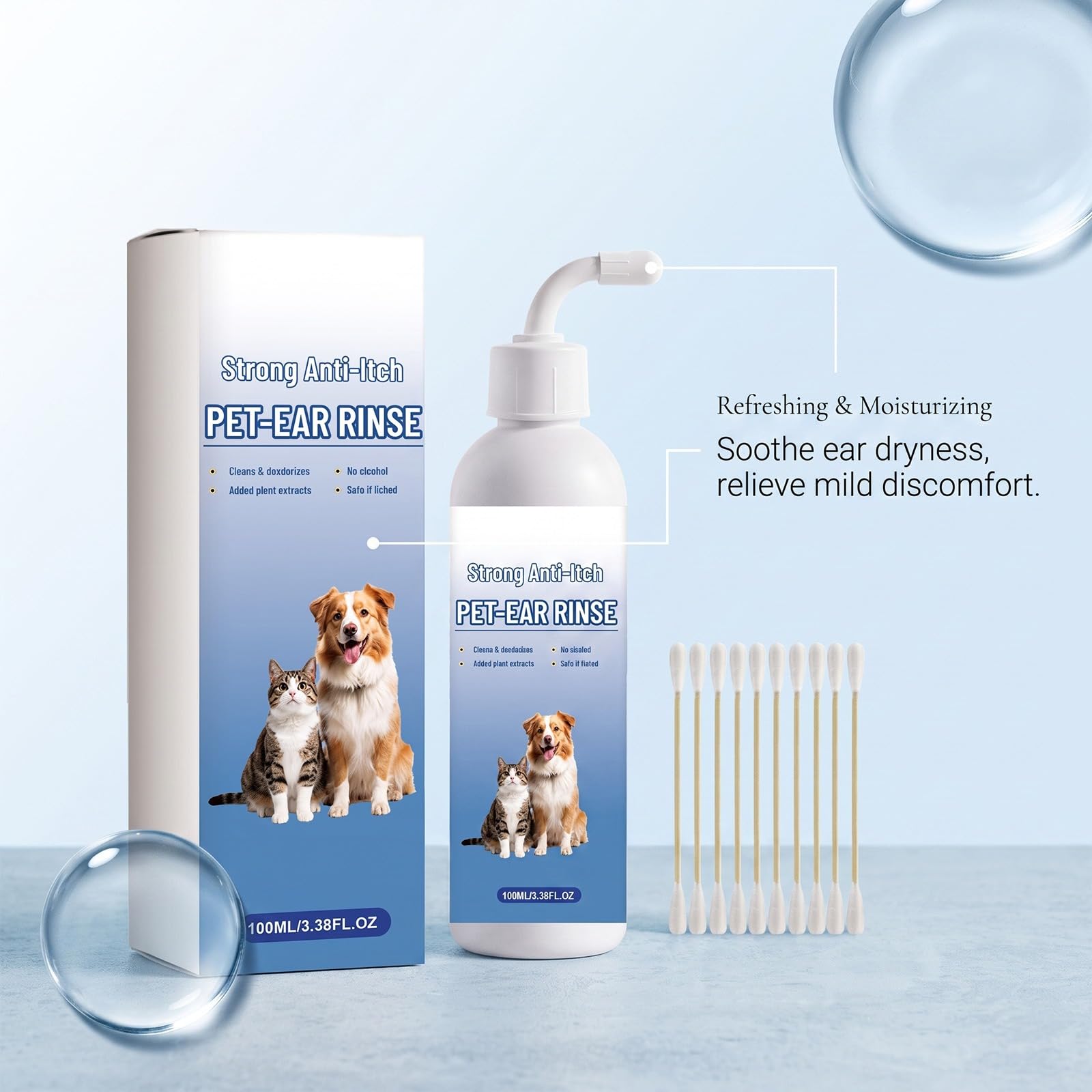 Solution nettoyante auriculaire 100 ml pour chien et chat, anti-odeurs | Embout coudé et cotons-tiges inclus,pour une application précise lors de l’entretien régulier des oreilles de chiens et chats