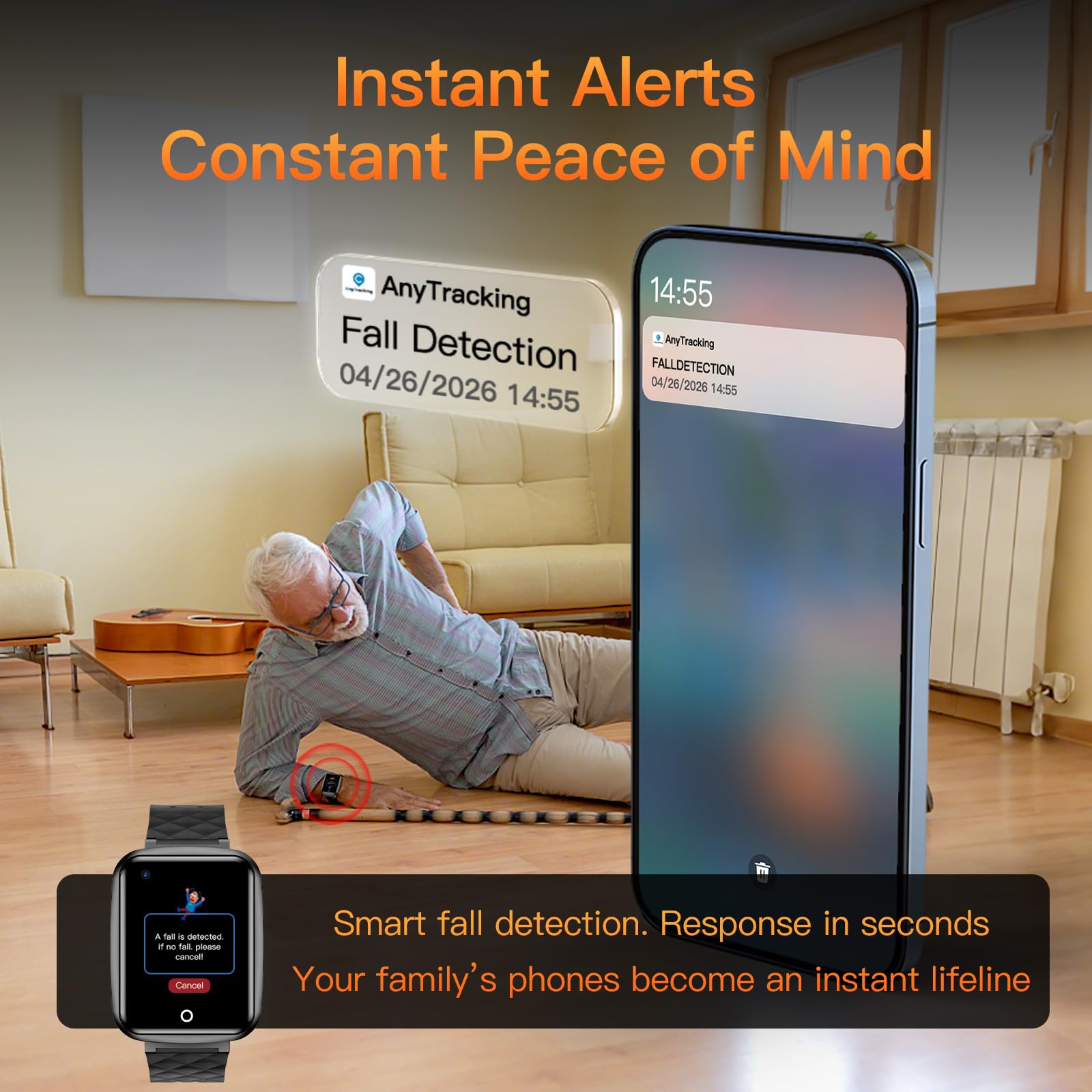 Reloj inteligente GPS con detección de caídas para personas mayores con alerta SOS y monitor de salud, ideal para cuidadores de demencia
