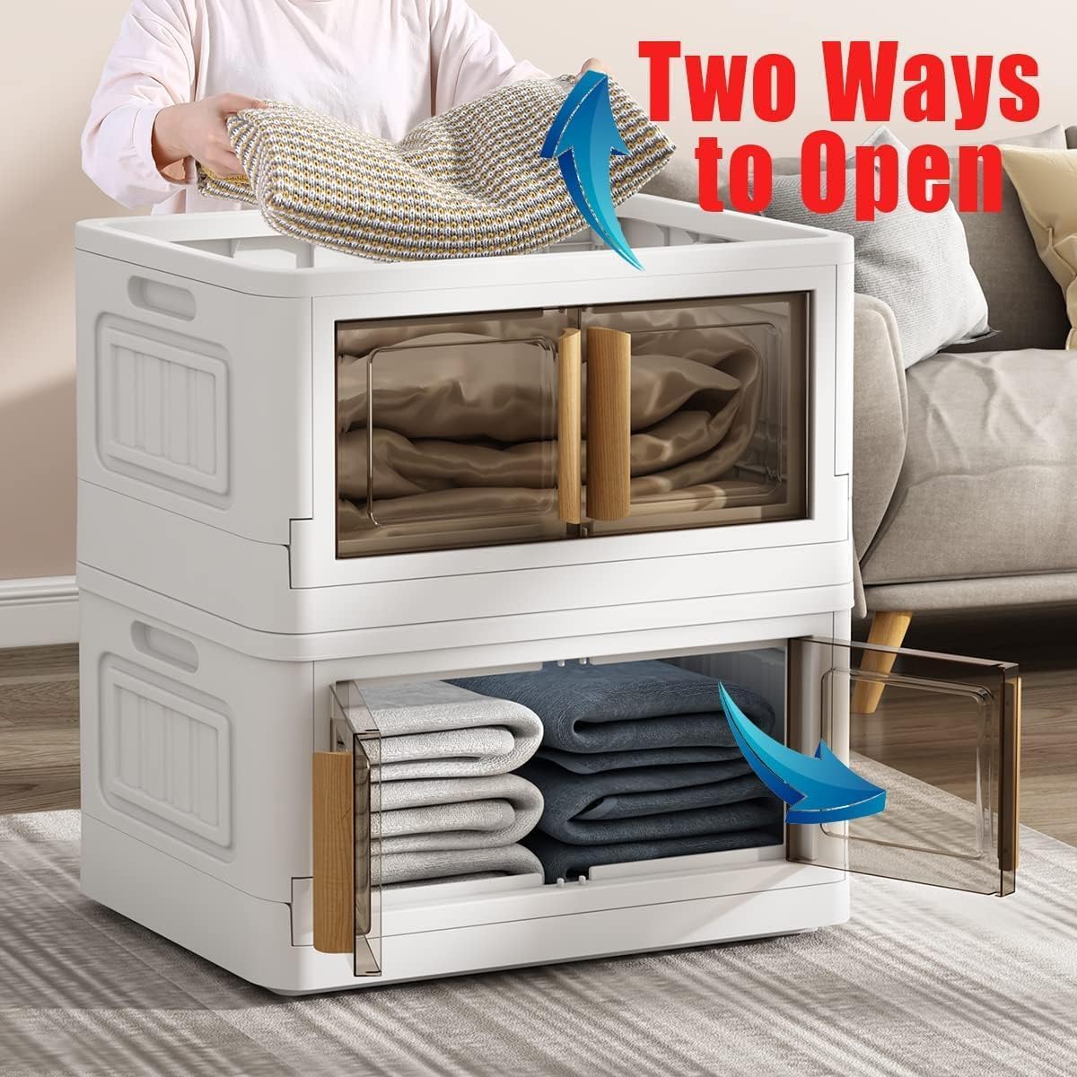 5 Storage Bins with 5 Lids, 78 Quart Plastic, White Closet Organizers and Storage,5 Packs Stackable with Wheels,Dual Open Collapsible, for Home and Office