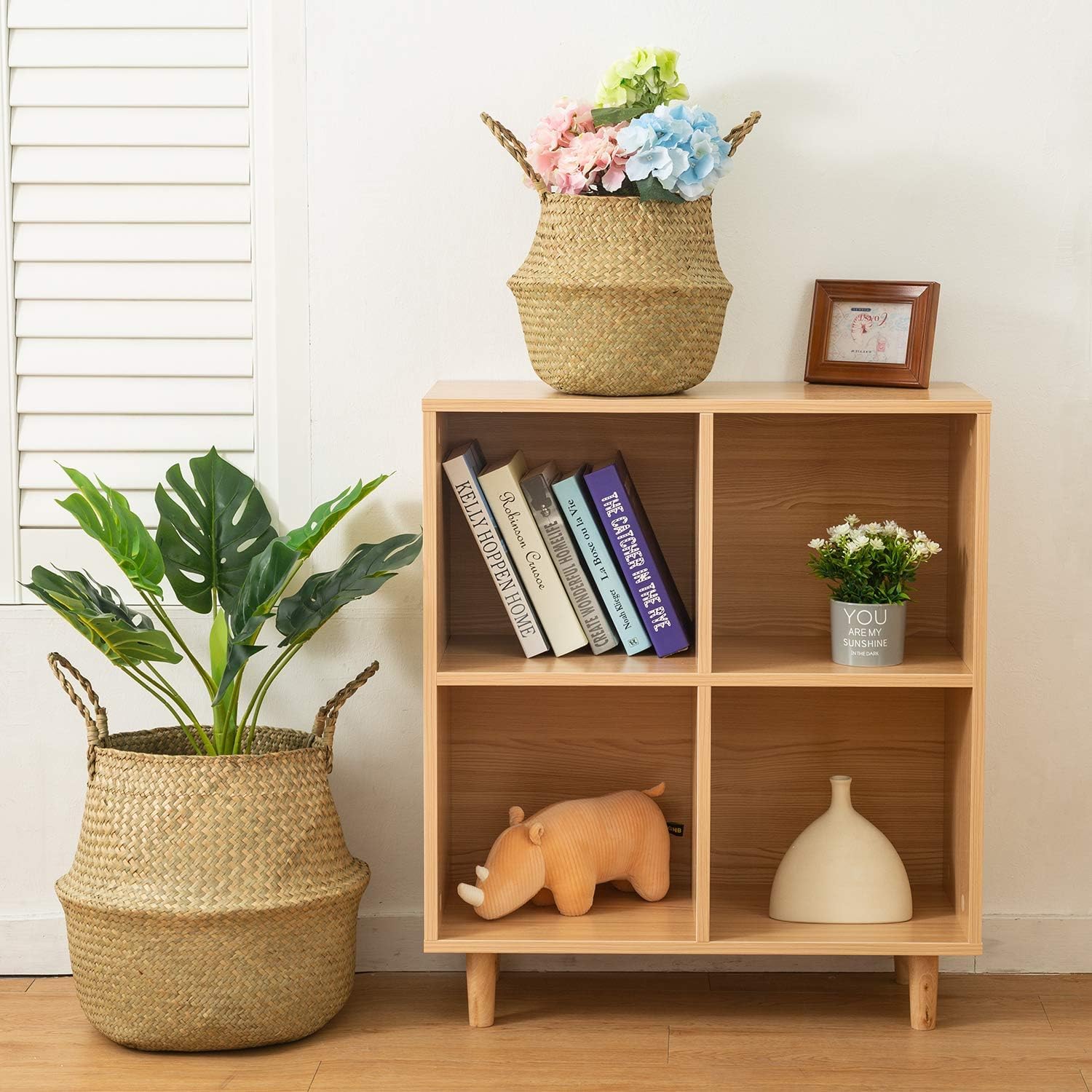 Cesta de junco marino de, juego de 3 unidades, tejido natural, cesta para almacenamiento con asa plegable, para colgar, para maceta, como decoracioacuten