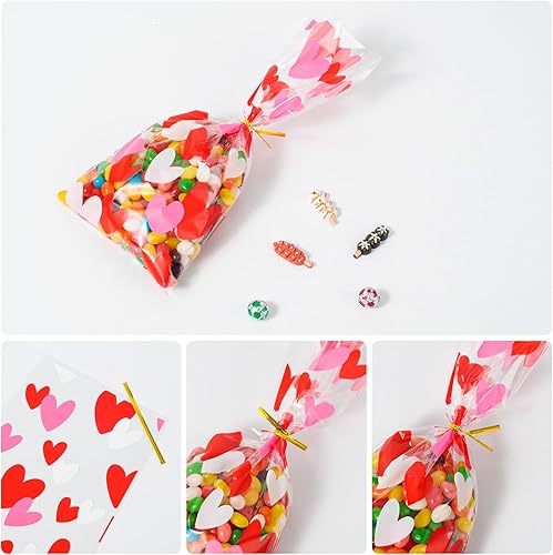 Miniatura 10 de idolpack Paquete de 50 bolsas de celofán para el día de San Valentín con 50 lazos torcidos, bolsas de violonchelo con corazón rojo, bolsas de dulces