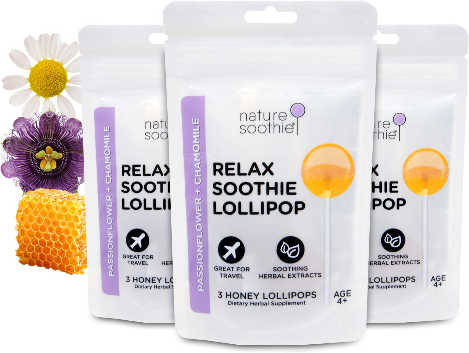Nature Soothie Relax Soothie Honey Lollipops with Herbal extracts That Support Calmness & Relaxations (Passionflower & Chamomile Extract) - 3 Count (3 Packs)