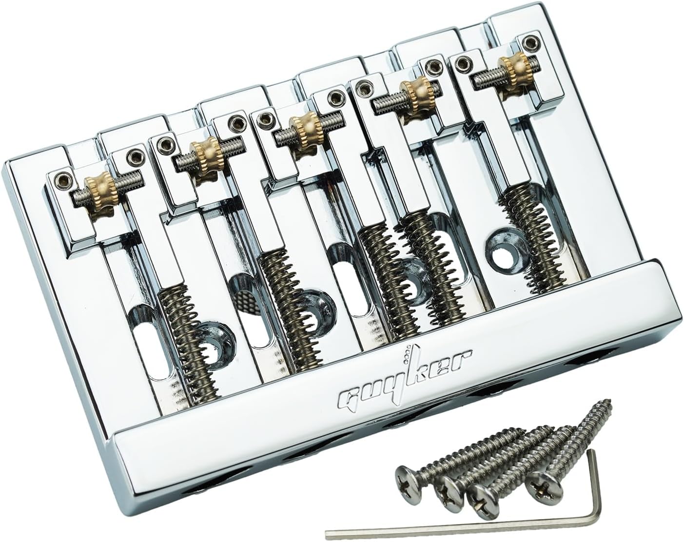 Guyker Bass Bridge, 5 String Bass Bridge with Solid Roller Saddle Adjustable Replacement Part (GB506, Chrome)