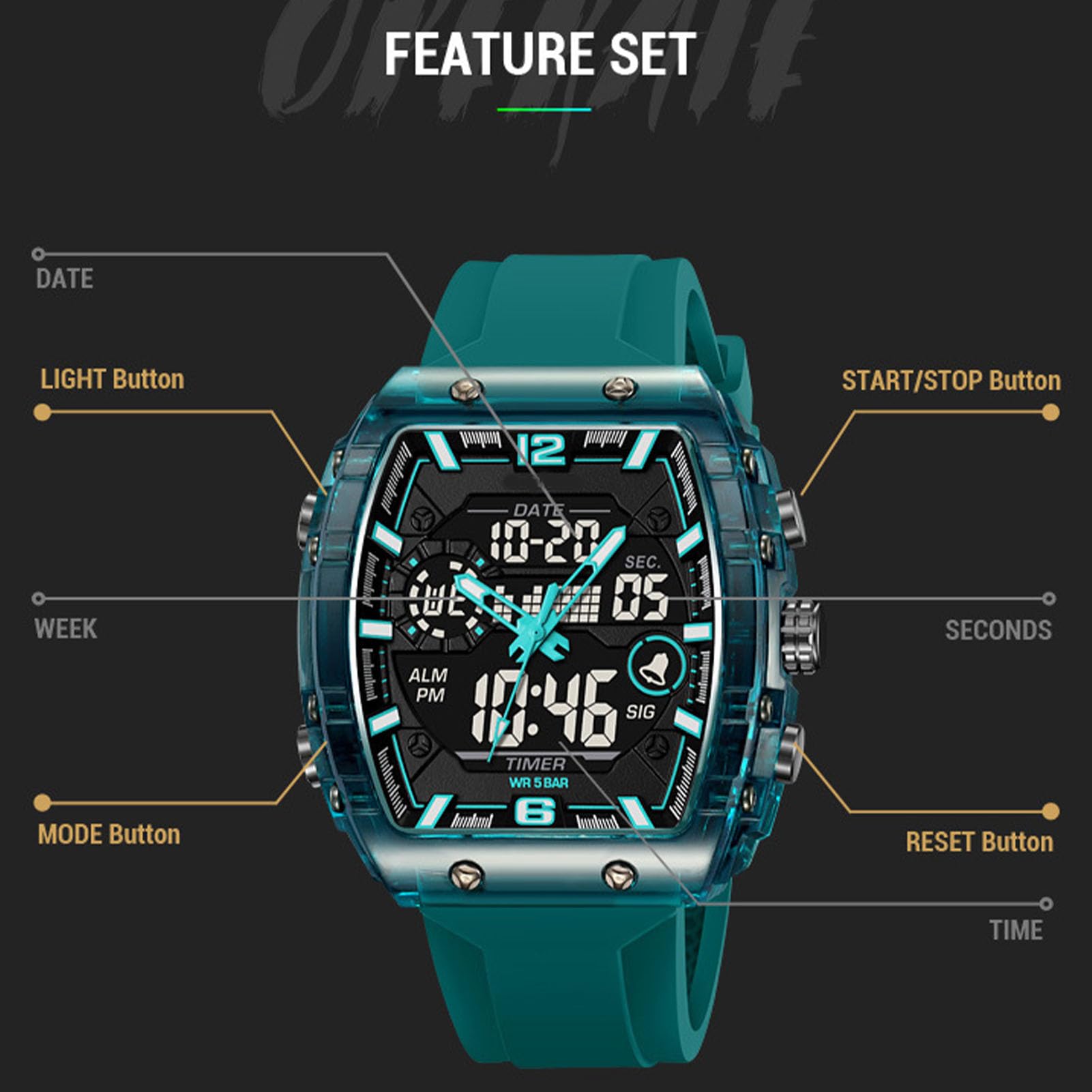 Reloj militar táctico deportivo para hombre, cronómetro de gran esfera 5 ATM, alarma retroiluminada, reloj de pulsera para exterior analógico digital, naranja, correa