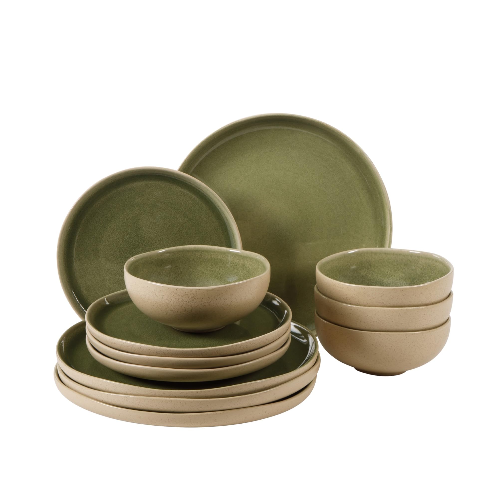 Manila Bay 12-Piece Stoneware Dinnerware Set, Service for 4, Reactive Glaze Modern Artisan Plates, Bowls & Mugs, Green, Round Design