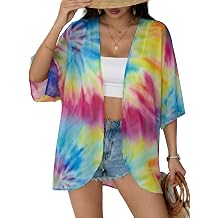 Chunoy Women Summer Tie Dyed Chiffon Kimono Cardigan Open Front Tops Short Sleeve Beach Cover Up Medium