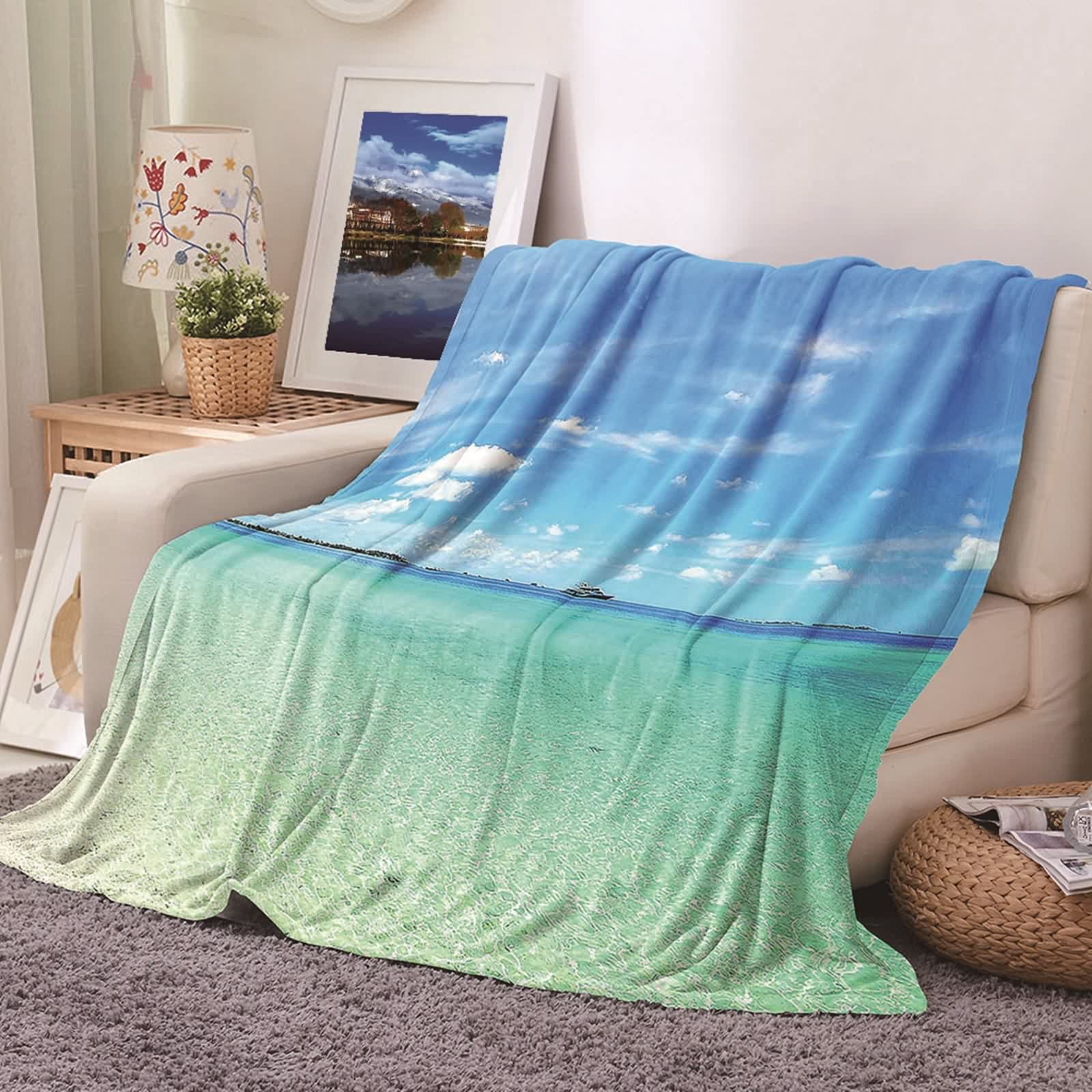 Couverture polaire flannel KnSam 80x120cm motif plage bleu beige pour lit