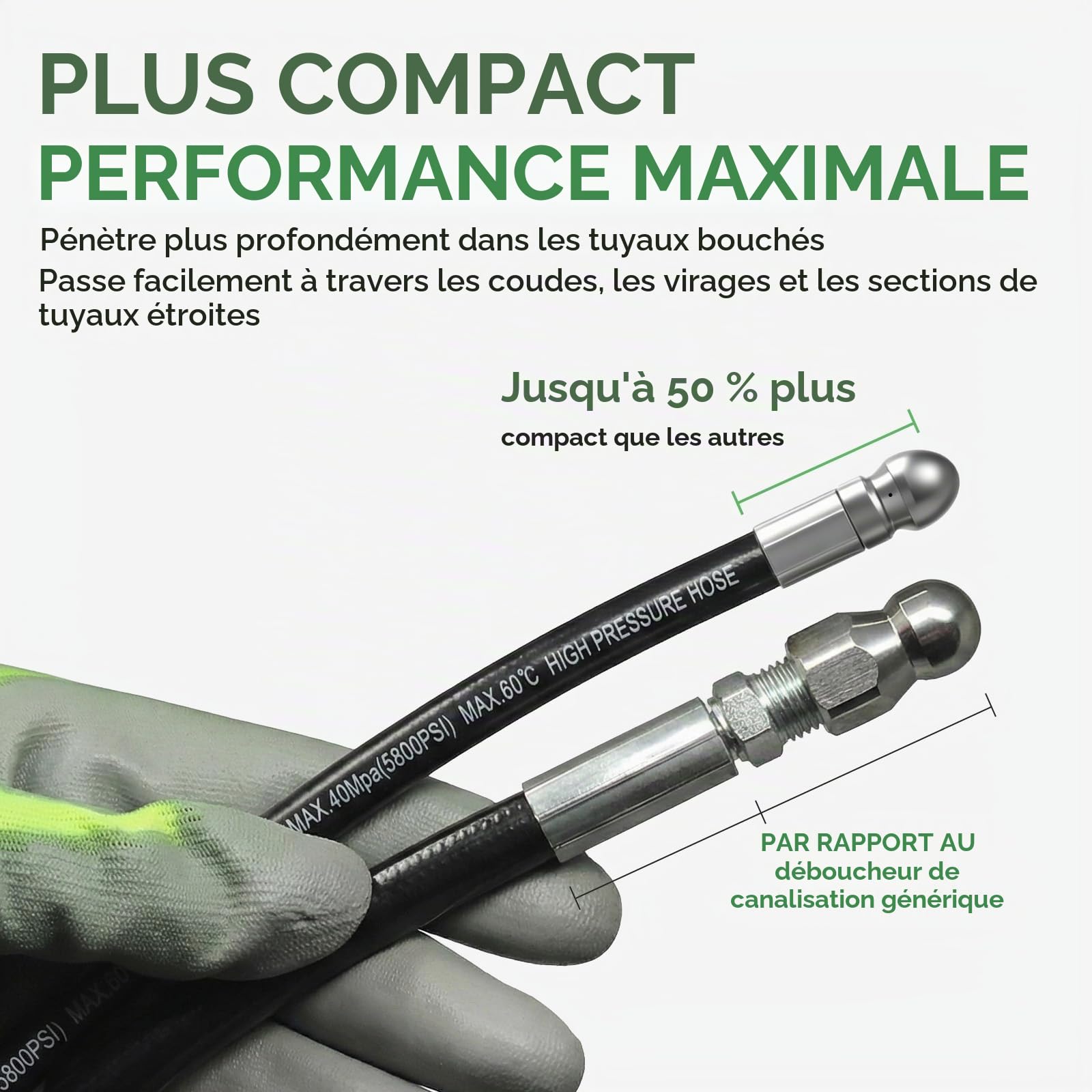Déboucheur Canalisation 15m, Tuyau Flexible 400 Bar/5800 PSI pour Nettoyeurs Haute Pression K2–K7, avec Buse de Pénétration pour Tuyaux Étroits et Canalisations Obstruées