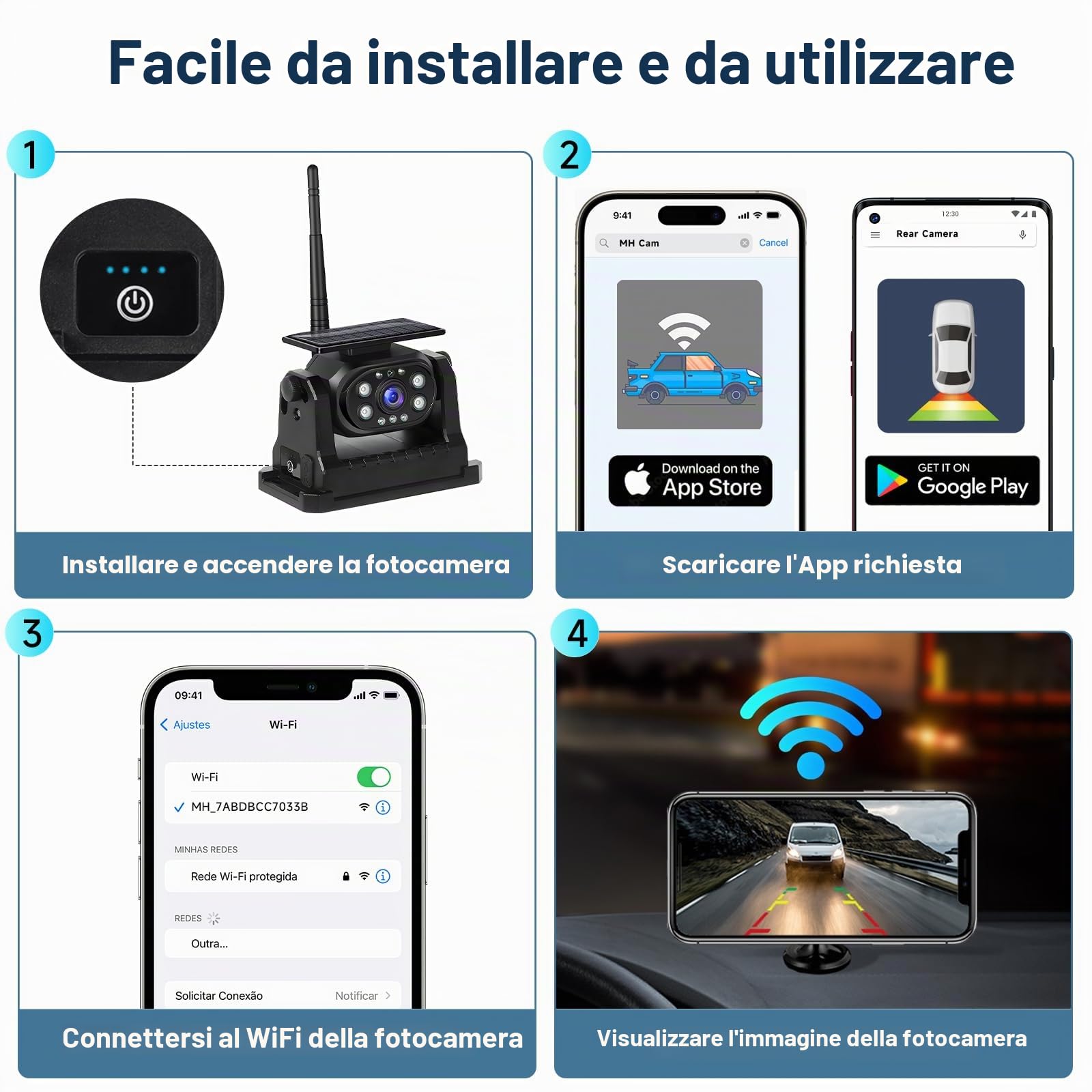 Podofo Telecamera posteriore senza fili WiFi stabile, telecamera di retromarcia 1080P con impermeabile, ricarica solare, base magnetica, aiuto alla retromarcia per camion/rimorchi/RV