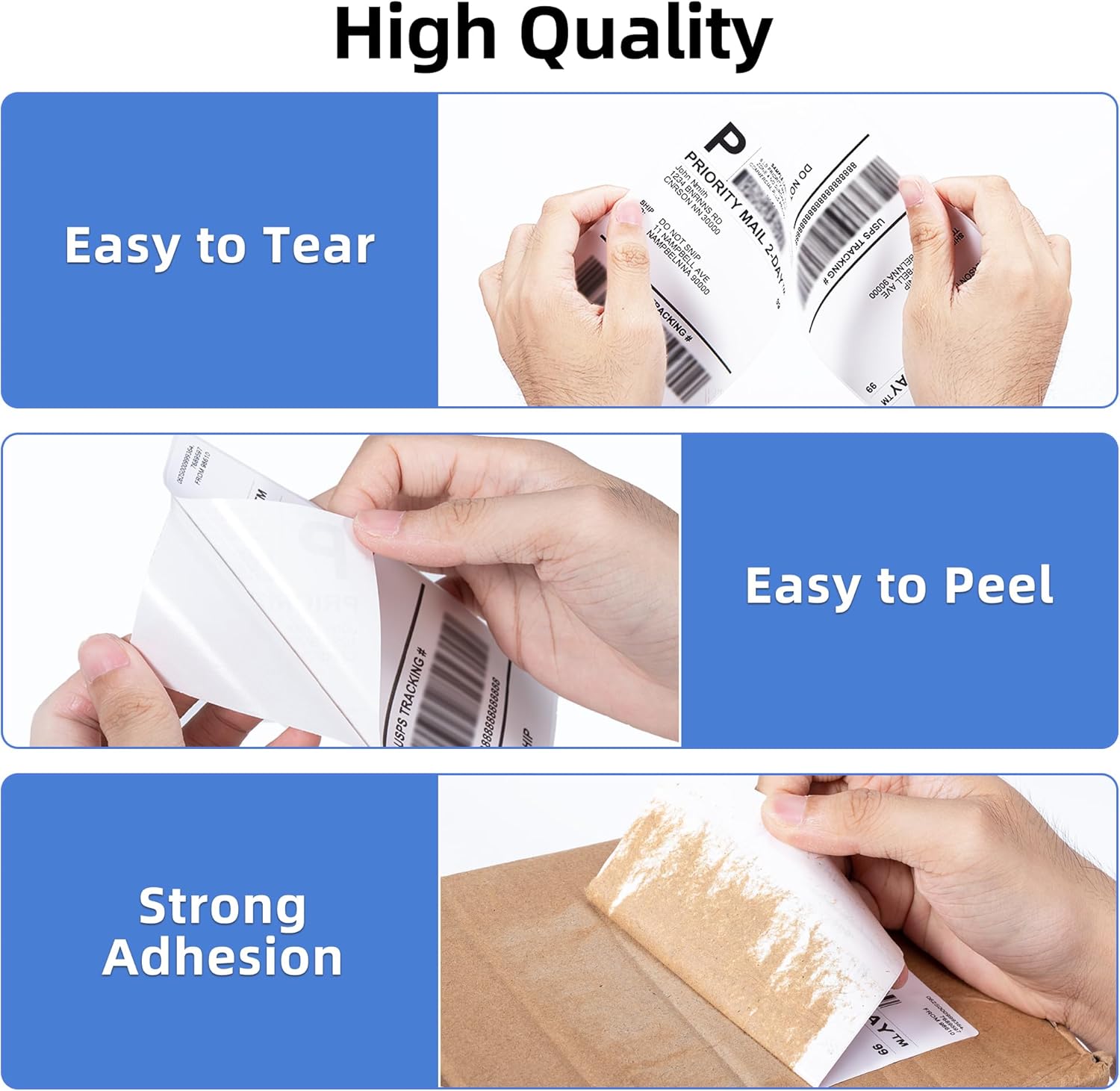 Hands demonstrating easy tear, easy peel, and strong adhesion of labels