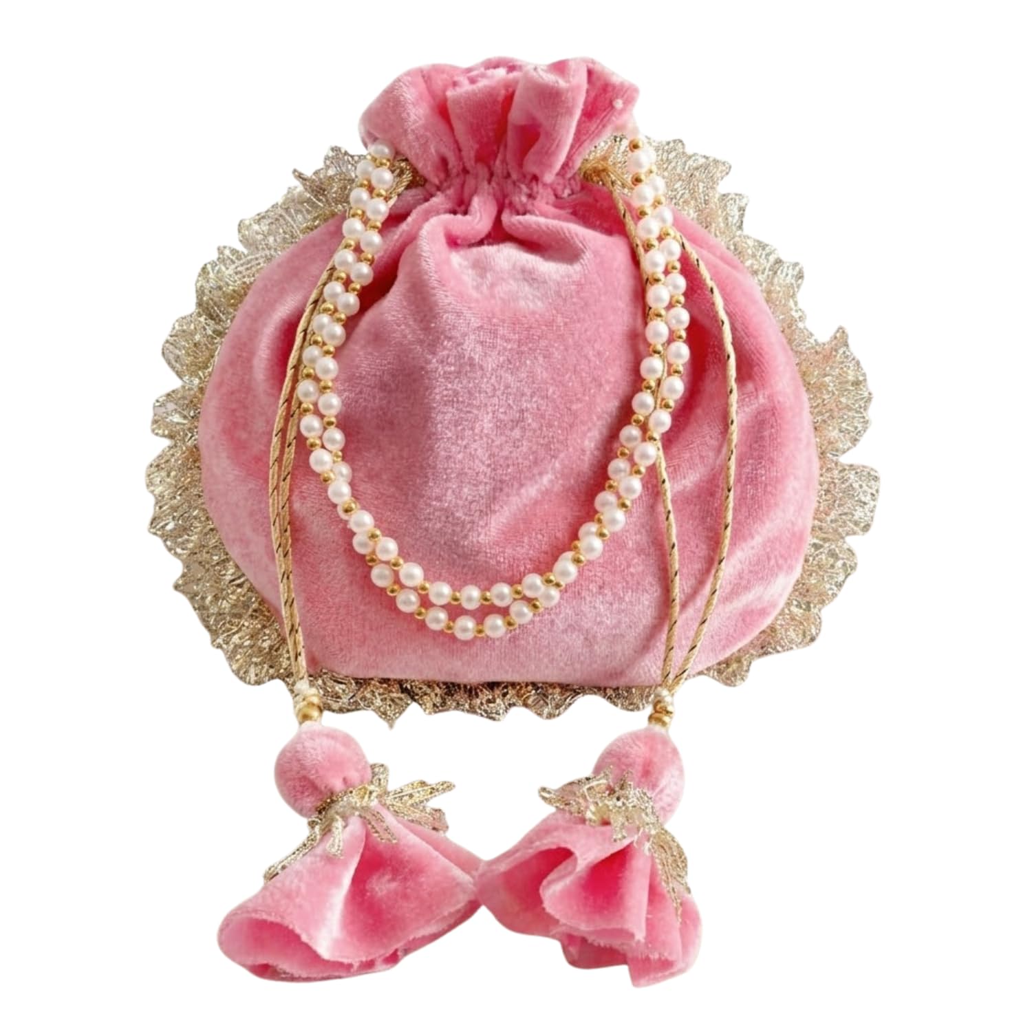 Pink Velvet Potli Bag for Women | Pearl Handle Ethnic Clutch | Designer Bridal Potli with Tassels & Gold Lace | Wedding, Party & Festive Handbag-image-6