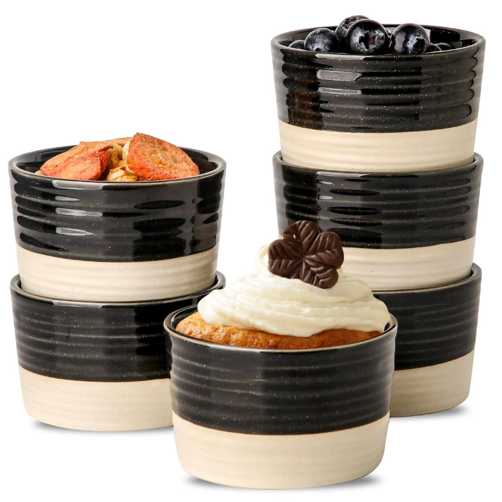 Hasense Ramekins - Juego de 6 platos de cerámica para hornear de 8 onzas, aptos para horno, cuencos de ramequines de soufflé de crema brulee para pudín, pastel de lago, pastel de olla, aperitivos,