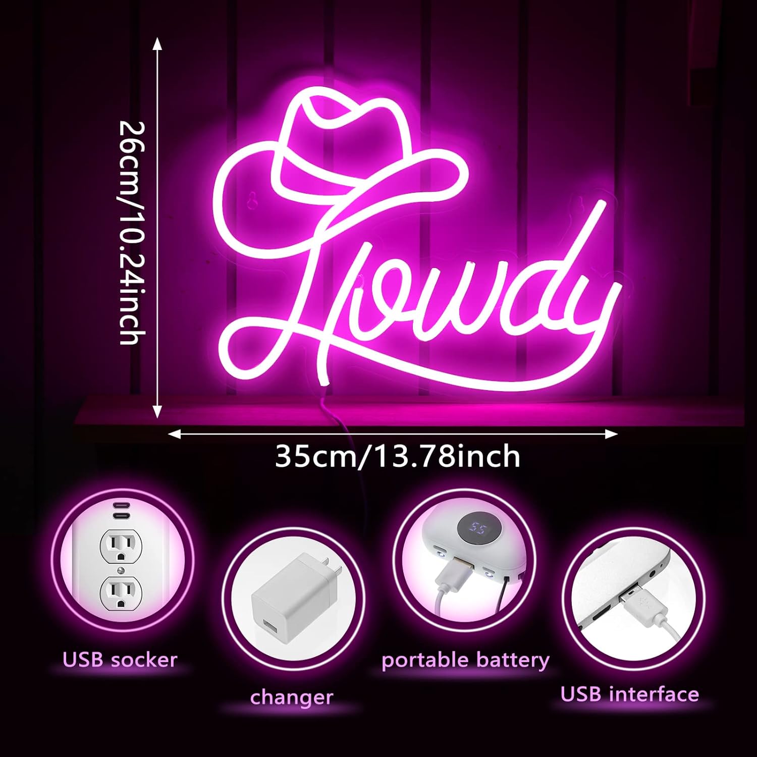 Riakrum Cowboy Hat Howdy Neon Sign for Wall Decor Y2k Lighting LED Neon Light Western Cowgirl Room Decor for Holiday Party Bar Bedroom Dorm Recreation Room Wall Art