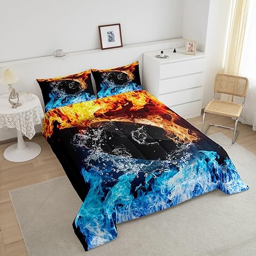 Miniatura 3 de Erosebridal Juego de ropa de cama de hockey sobre hielo y fuego, color negro, juego de edredón de plumas de juego de pelota, azul, naranja y rojo,