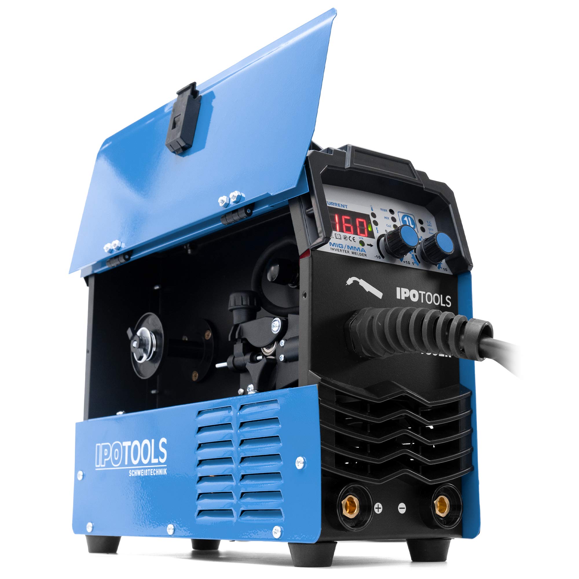 IPOTOOLS MIG-160ER Inverter Schweißgerät MIG MAG - Schutzgas Schweissgerät mit 160 Ampere auch FLUX/Fülldraht und Elektroden geeignet/E-Hand/Digitalanzeige/IGBT / 230V / 7 Jahre Garantie