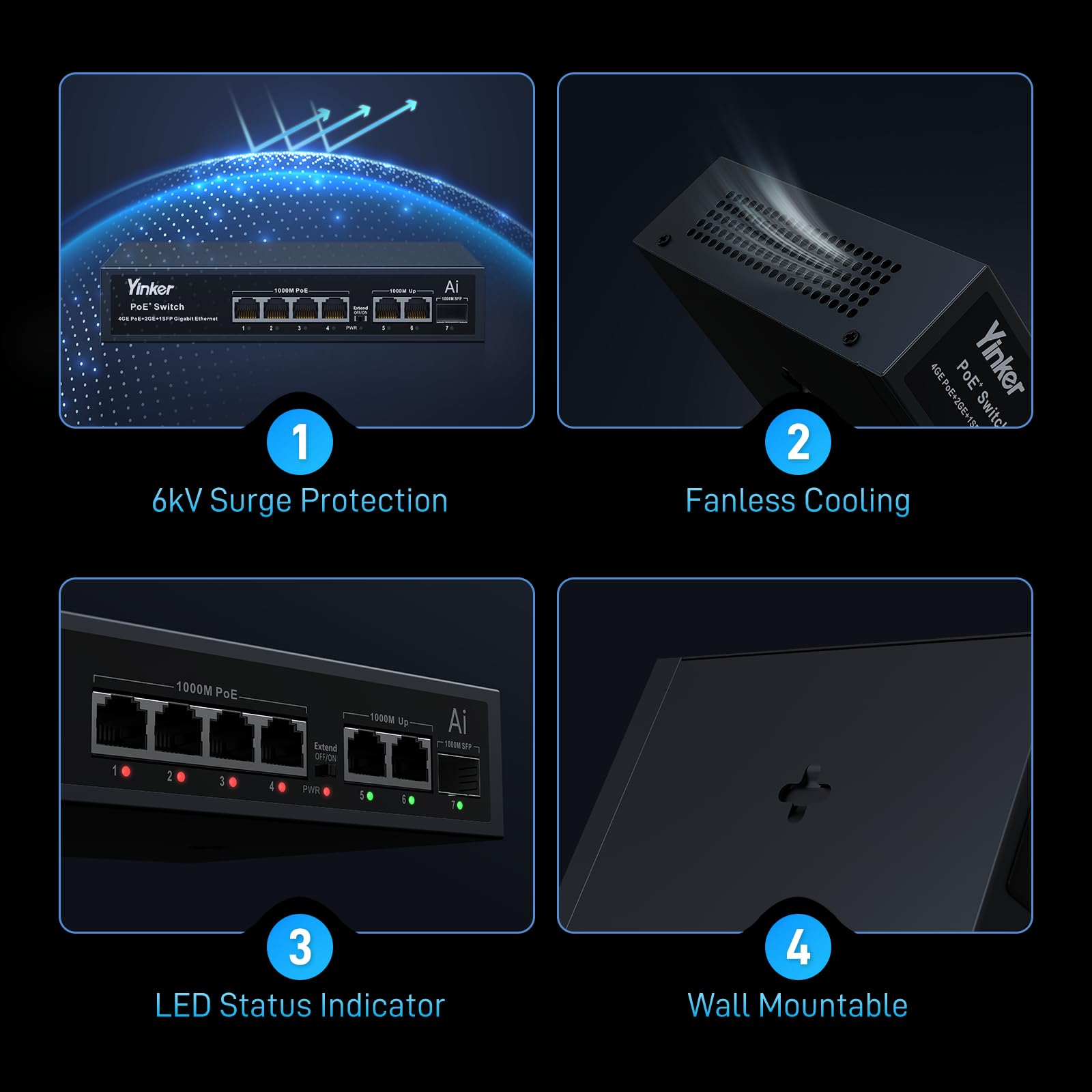 Switch PoE Gigabit 7 Porte 65W, 4 PoE+ 2 Uplink Gigabit + Slot SFP Fibra, Modalità 250m/VLAN, AI Recupero Automatico, Metallo Silenzioso per Videosorveglianza IP