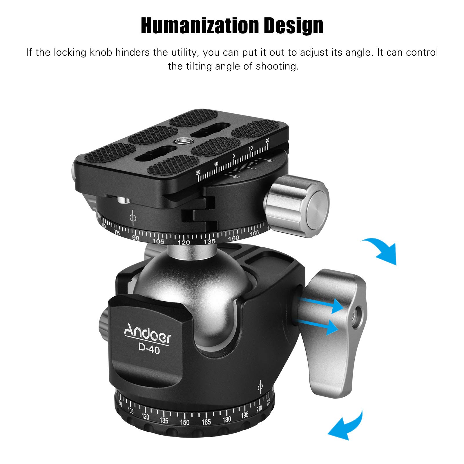 Andoer Testa a sfera panoramica, testa a sfera per fotocamera, design a U, centro di gravità basso, supporto per treppiede, monopiede, fotocamere DSLR-ILDC, portata massima 25 kg