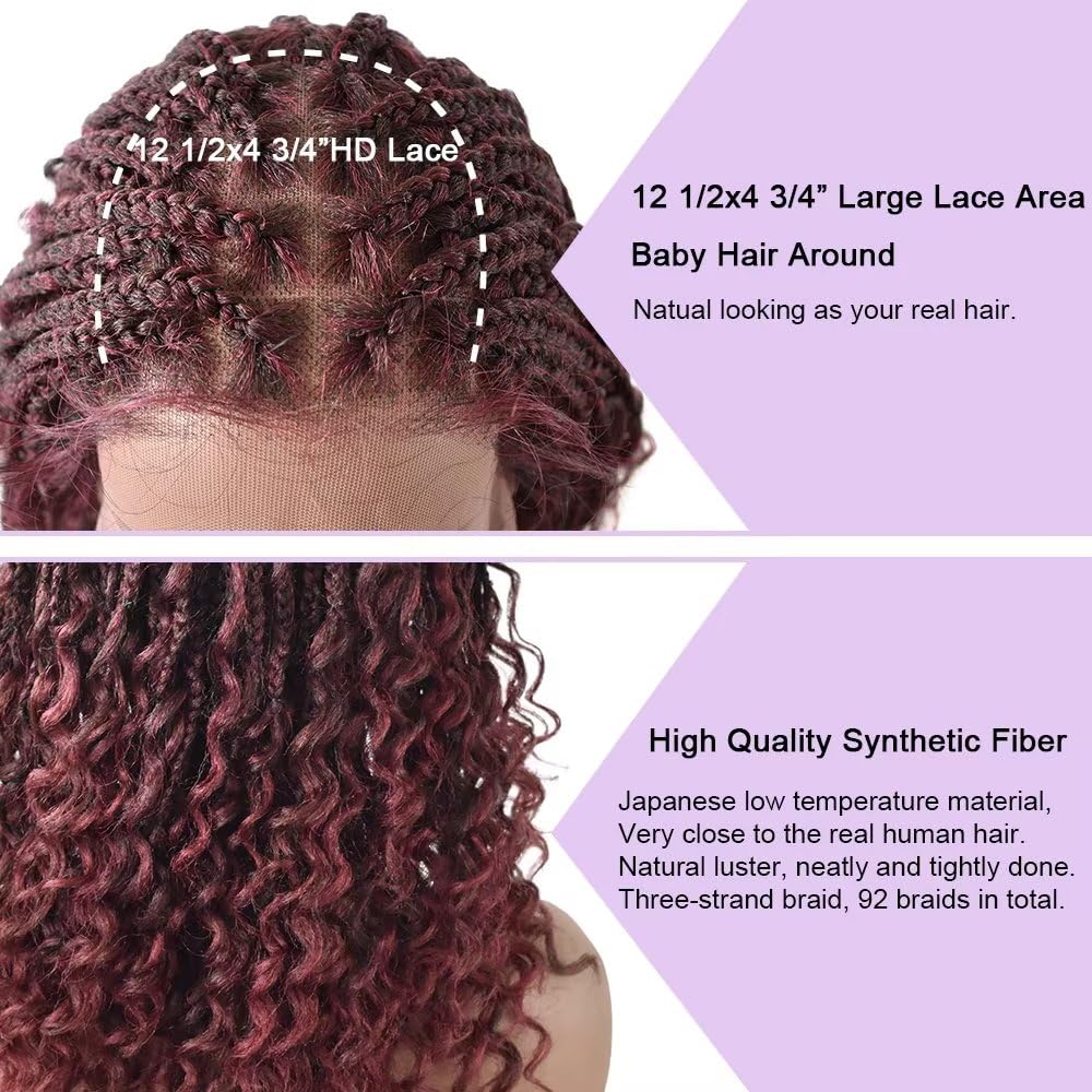 18" Afro Box Hand Braided Wigs For Black Women Cronrow Micro Twist Knotless Lace Front Braids Dreadlock Wig Premium Quality Synthetic Lightweight Braiding Hair #1B/99JT #Black/Deep Wine T