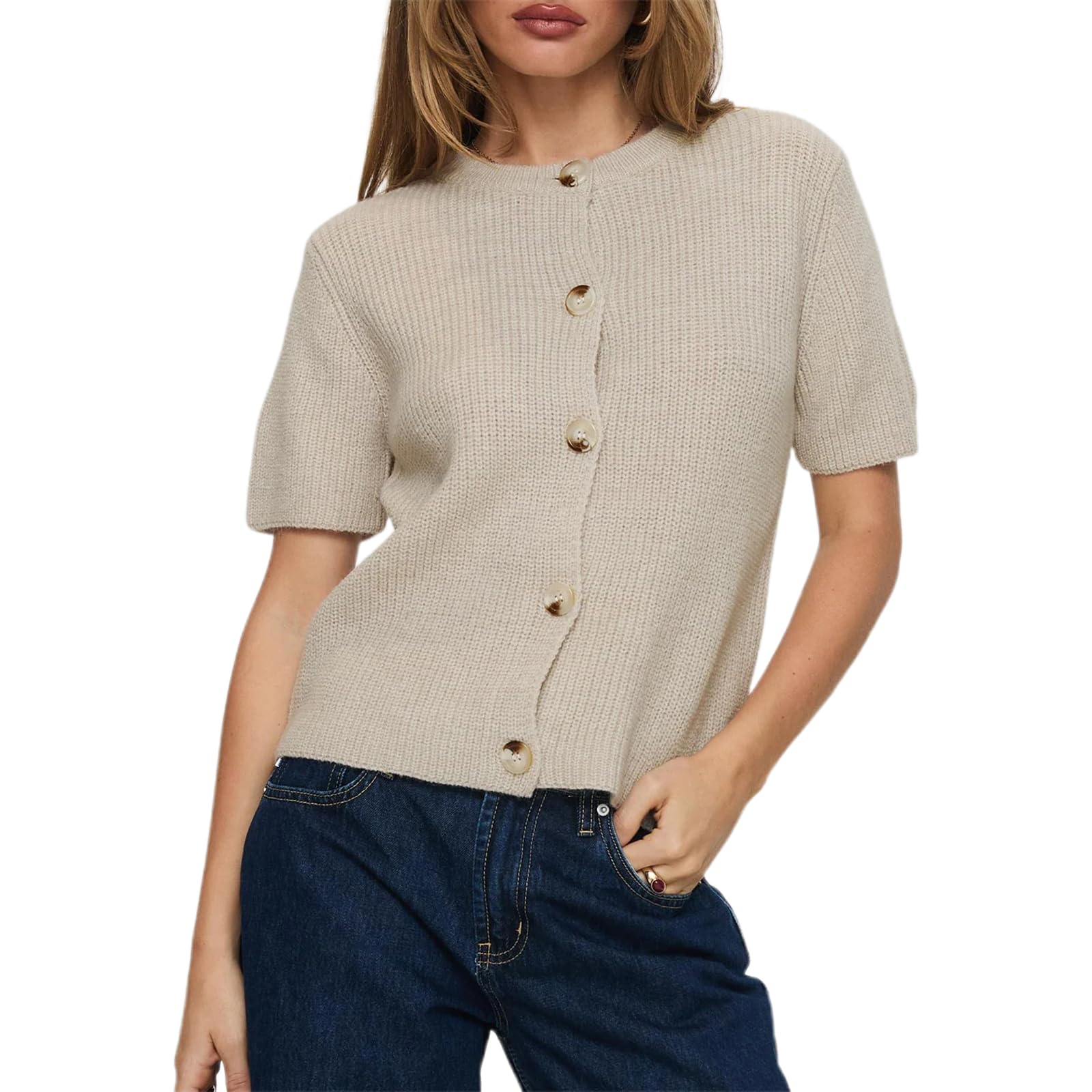 Womens Cardigan Sweater Short Sleeve Round Neck Button Down Open Front Loose Casual Cardigan Shirt
