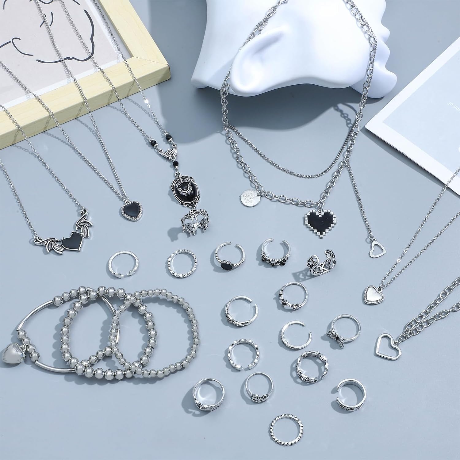 NEWITIN 45 Pieces Silver Jewelry Set for Women Party Costume Punk Jewelry Set Goth Grunge Y2k Accessories Vintage Gothic Necklaces Bracelets Earrings Rings for Women Men - Image 3