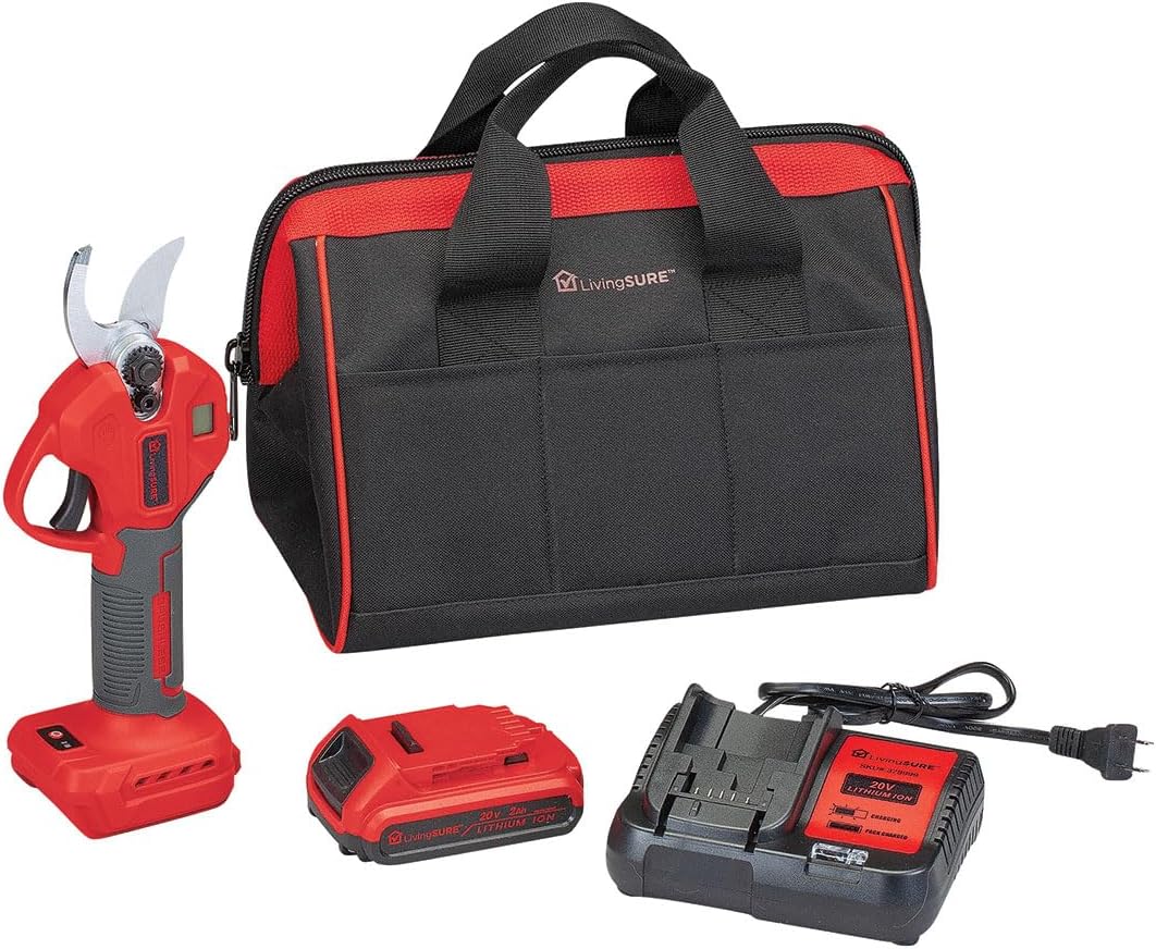 LivingSURE Cordless Pruning Shears, Battery, Charger & Bag