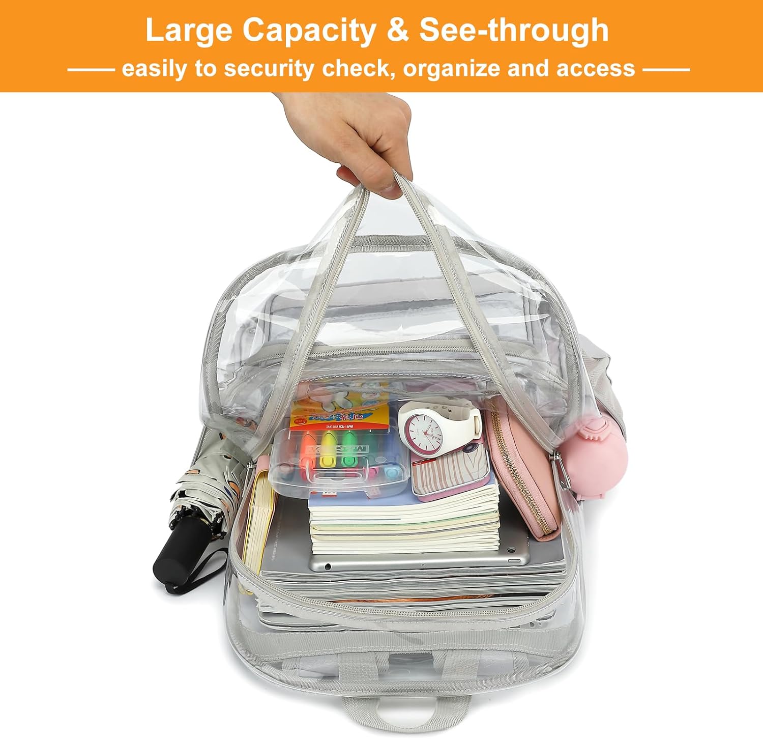 Heavy Duty Clear Backpack, School Backpack College Bookbag PVC See Through Transparent Backpacks (Light Gray)