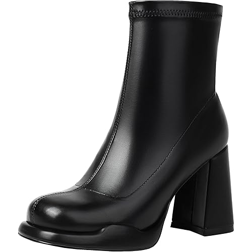 Mofirdast Gogo Boots Platform Chunky Heel Ankle Boots for Women Square Toe Mid Calf Boots with Side Zippers for Party Cosplay Dance
