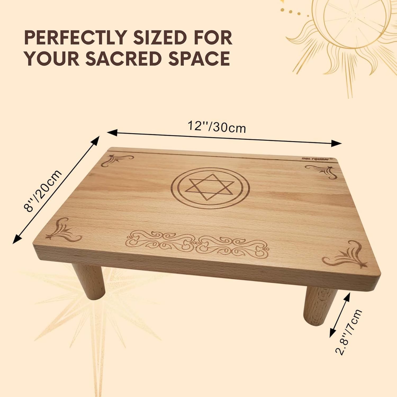 Compact Wooden Altar Table with Tarot Card Holder, Small Altar Table for Spiritual Meditation, Pentagram Engraved Mystic Decor, 12 x 8 inches (30 x 20 cm)
