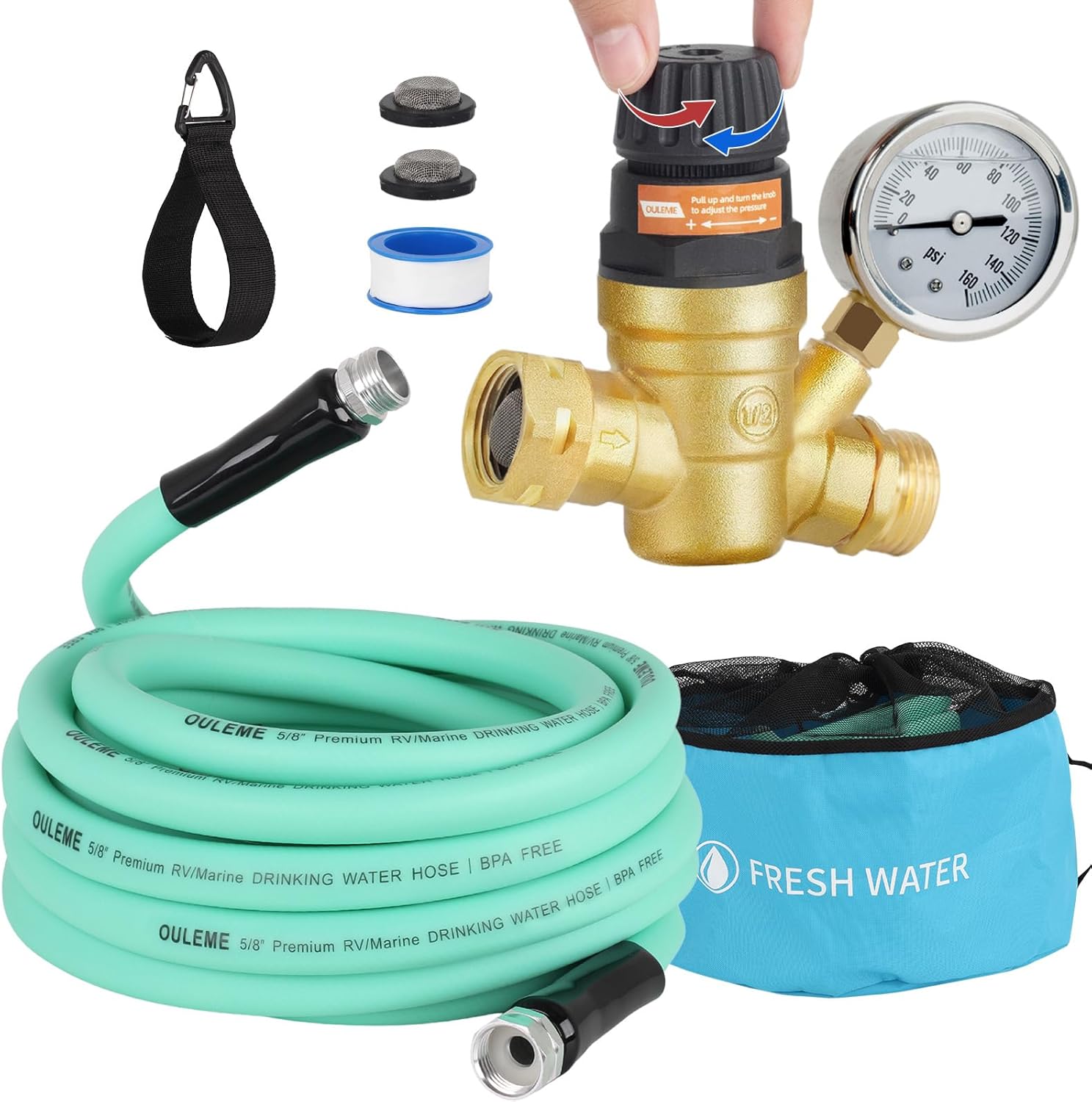 OULEME Premium 25ft RV Fresh Drinking Water Hose & Water Pressure Regulator with Hose Storage Bag