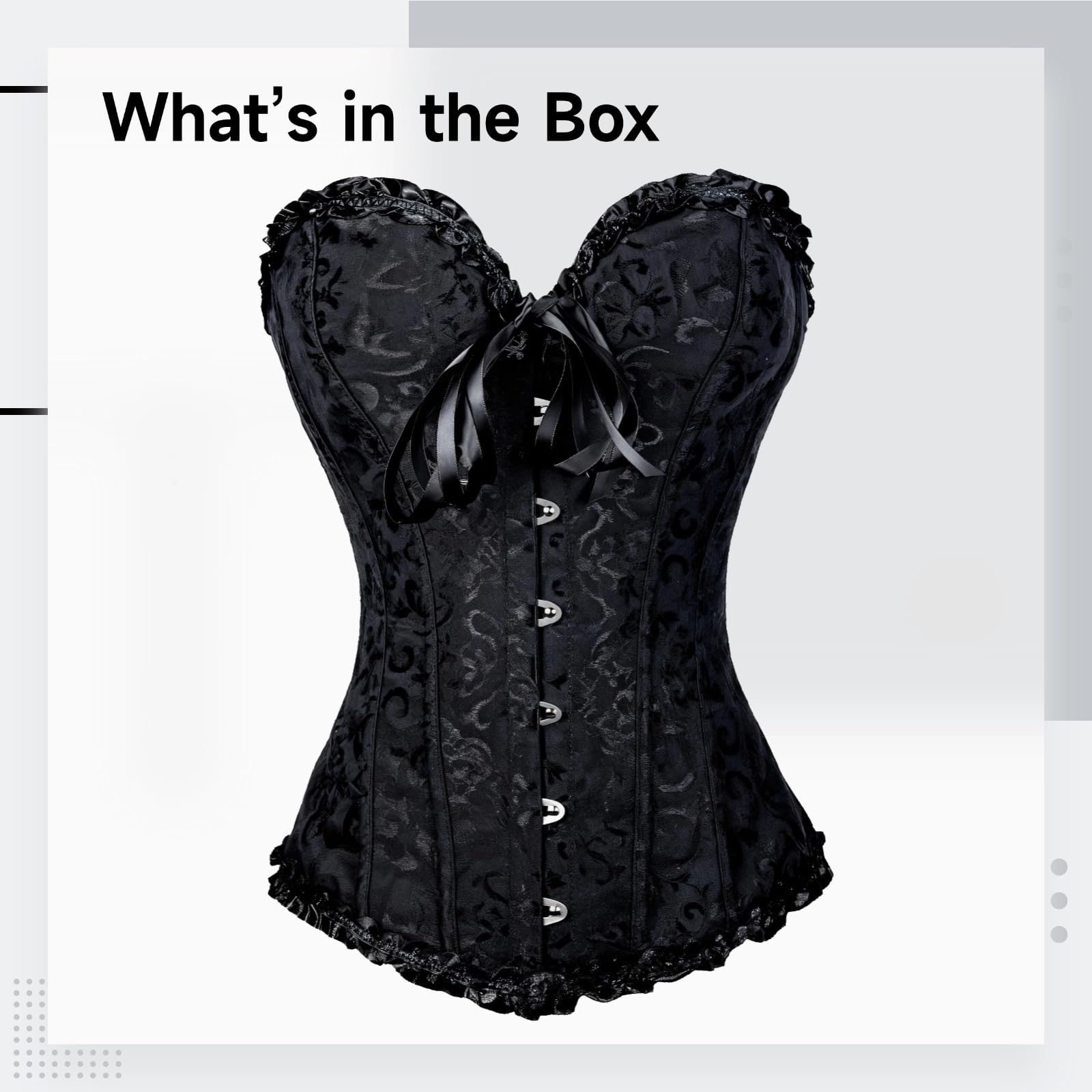 Corsetto nero da donna, bustino modellante con bordo in pizzo, elegante chiusura frontale, XXL