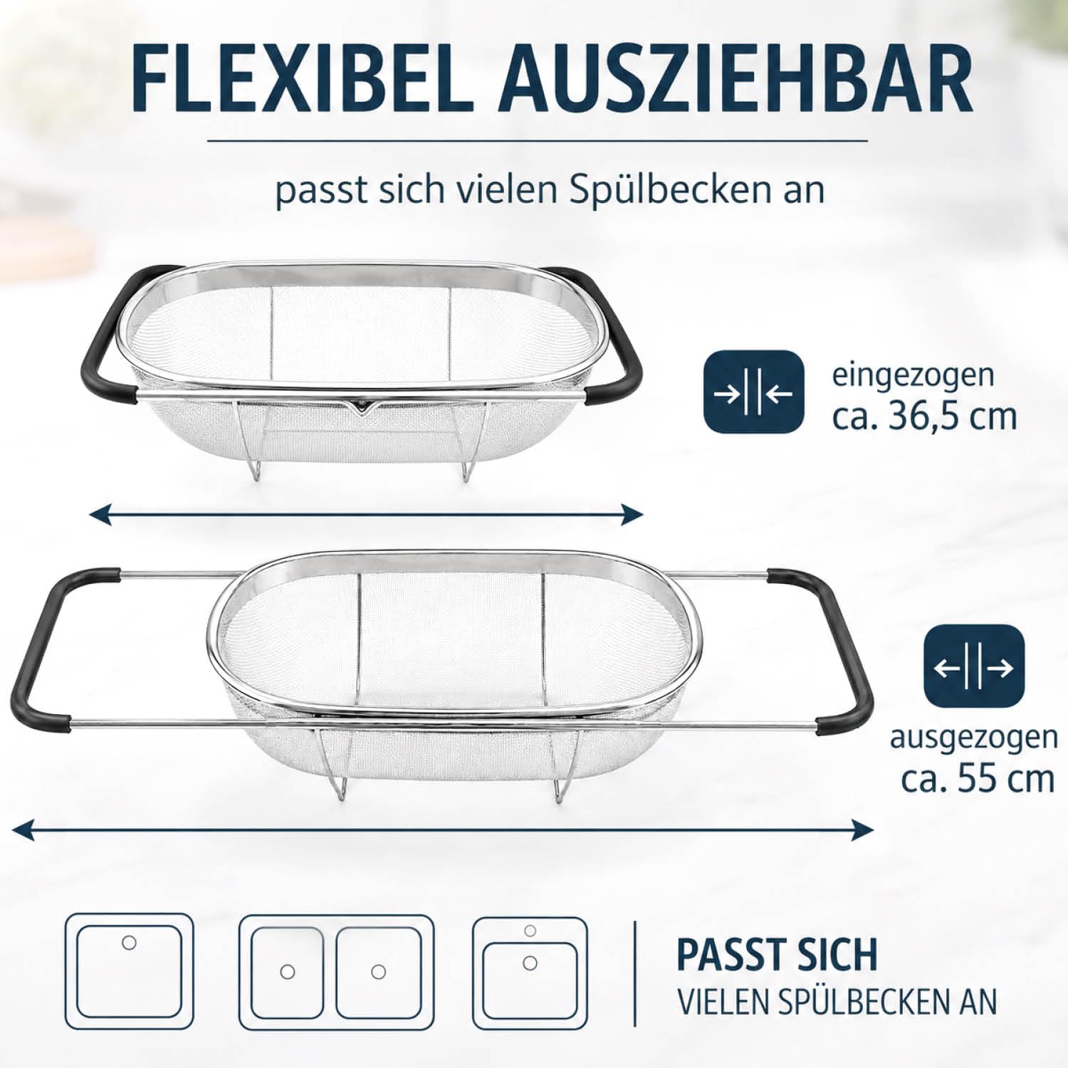 com-four® 3x Passoires Extensibles en Acier Inox 36,5 cm