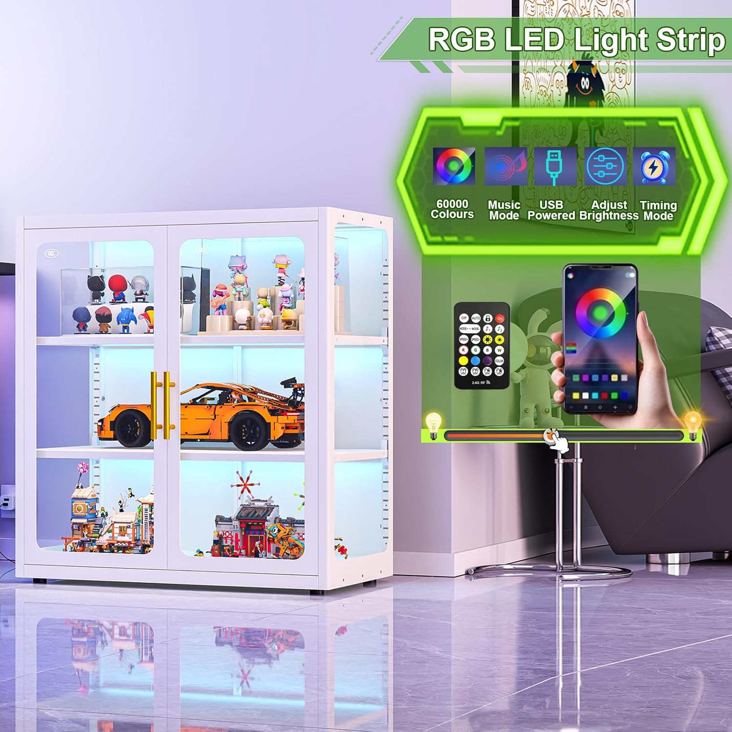 34" Tall Display Cabinet with Glass Doors, RGB LED Ambient Lights, 2 Adjustable Shelves Curio Cabinet for Collectibles, Books, Bags, Toys, Glass Display Case, Storage Cabinets, White