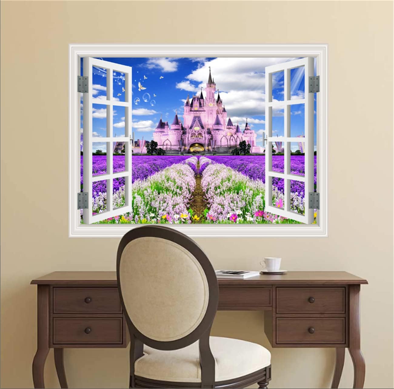 3D Self-Adhesive Painting Fake Window Wall Stickers Tropical Island with Palm Trees Wall Mural Window View Wall Decor for Home (36"×48", Castle)