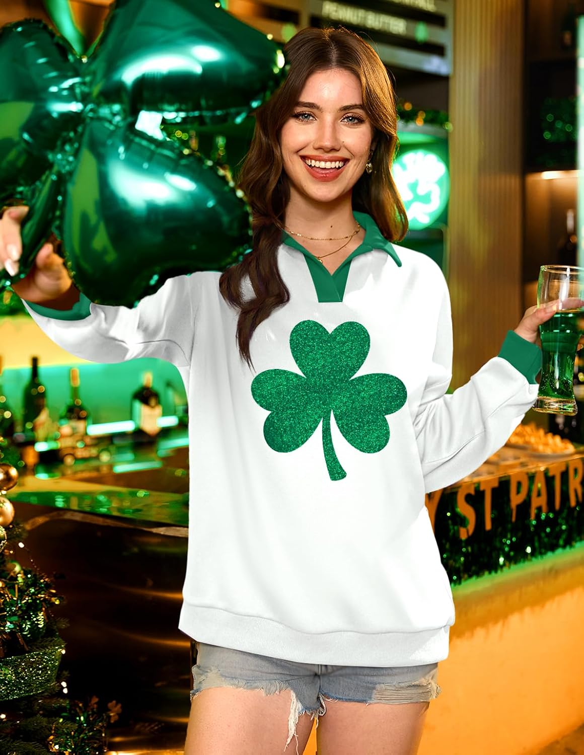 For G and PL Women's St. Patrick's Day Long Sleeve V Neck Polo Collar Glitter Sweatshirt Clover Graphic Casual Pullover Sparkly Shirt White Green Shamrock XL