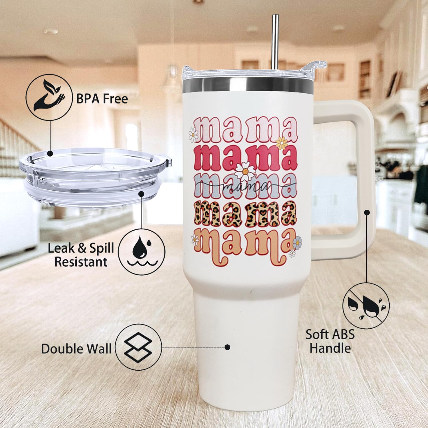 Ceovfoi 40 oz Mama Vacuum Insulated Water Bottle Travel Coffee Mug Cup Tumbler with Handle Lid and Straw, Mothers Day Gifts from Daughter, Birthday Gifts for Mom - Image 4
