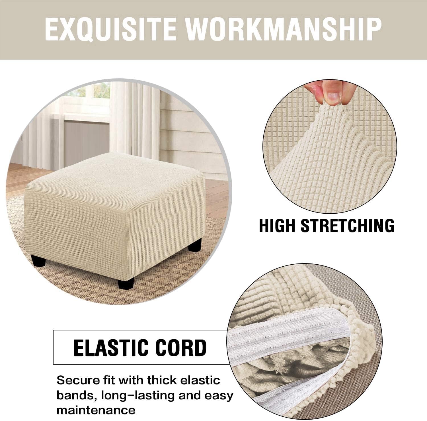 Square Ottoman Covers Ottoman Slipcovers Folding Storage Stool Furniture Protector Form Fit with Elastic Bottom,Stretch High Spandex Small Checks Jacquard Fabric Beige L 27" -30"