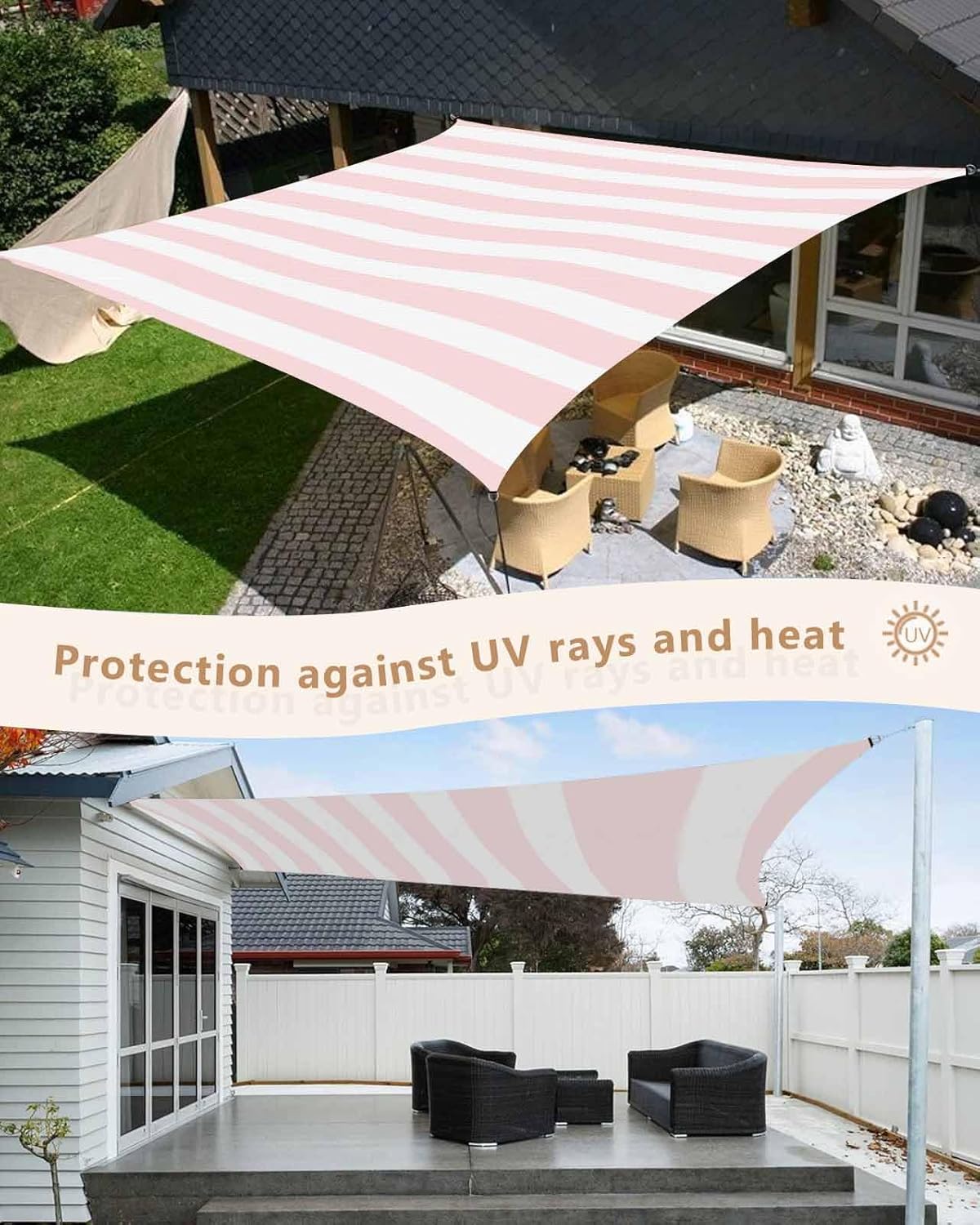 Pink Striped Sun Shade Sail 8'x10' Rectangle Outdoor Shade Canopy, Modern Farmhouse Pink White Stripes Porch Shades Outdoor Sun Blocking Screen, Sunshade Cloth Covers for Deck/Patio/Garden
