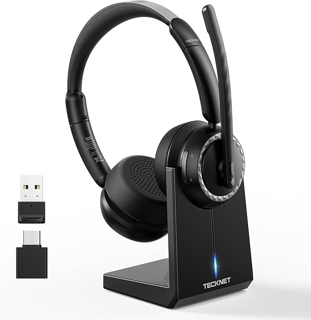 TECKNET Bluetooth Headset, Wireless Headset with AI Noise Cancelling Microphone, Bluetooth V6.0 & Dongle Dual Connection, Headphones with Charge Stand & Multifunction Button for Laptop/PC/Phones