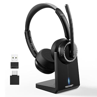 TECKNET Bluetooth Headset, Wireless Headset with AI Noise Cancelling Microphone, Bluetooth V6.0 & Dongle Dual Connection, Headphones with Charge Stand & Multifunction Button for Laptop/PC/Phones - Amazon product rated Grade A
