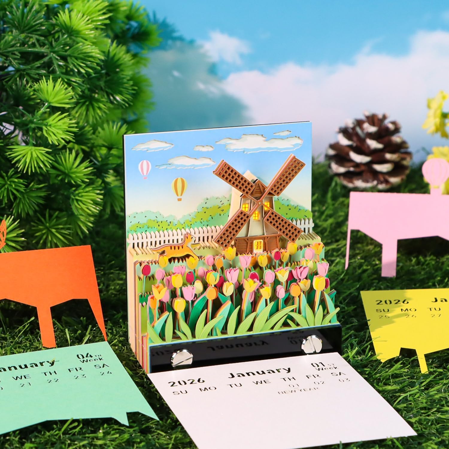 3D Desk Calendar 2026, 3D Art Calendar 2026, Tear-Away Time Piece Memo Pad 3D Paper Carving Windmill Notepad with Lights, Holiday, Christmas, New Year Gift