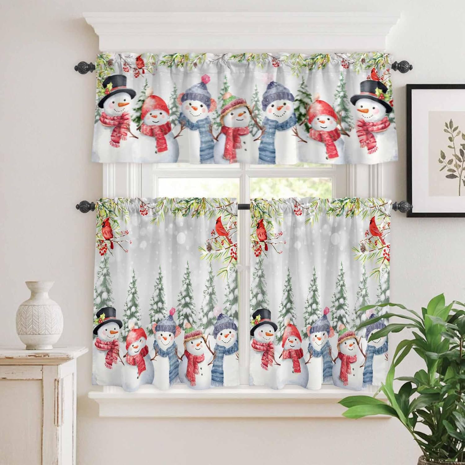 Christmas Snowman Kitchen Curtain Set Cute Snowman Valances Rod Pocket Kitchen Tier Curtains Valance Set 3 Piece Xmas Tree Red Cardinal Birds Christmas Window Curtain Valance Tier Sets 54 in x 24 in