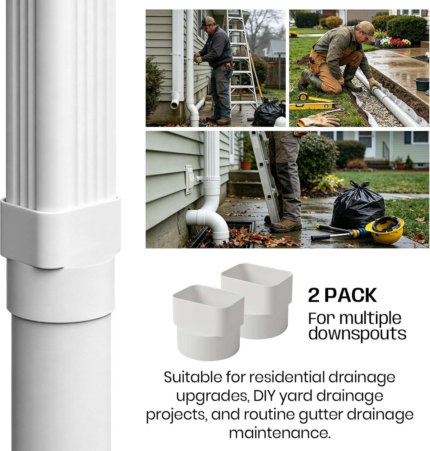 Calvana 2 Pack Downspout Adapter White, 3x4 to 4 Inch Drain Pipe Connector, PVC Downspout to Sewer and Drain Pipe Adapter for Gutter Downspout Extensions and Yard Drainage Systems