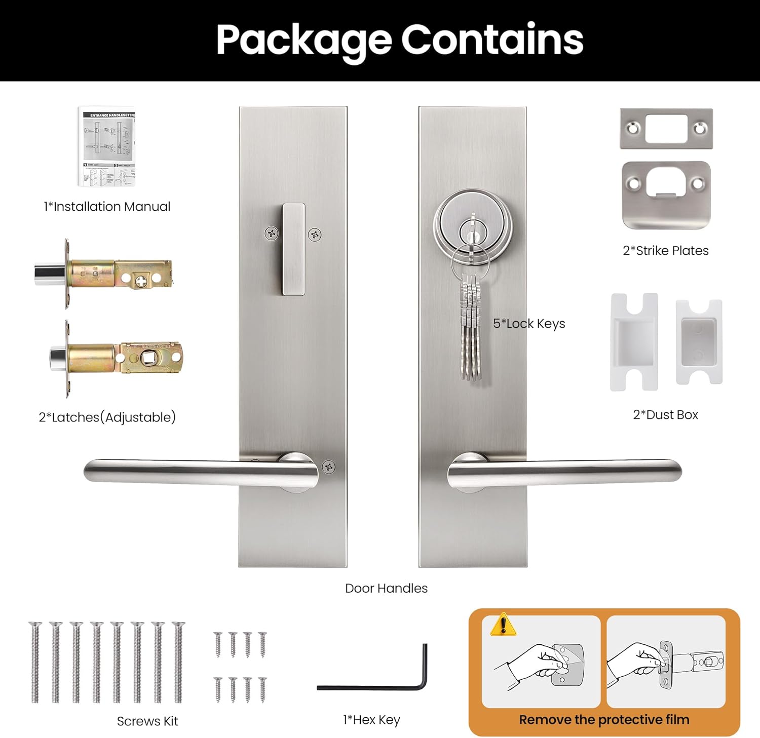 Front Door Handle and Deadbolt Set, Brushed Nickel Entry Door Lock Set with Left or Right Knob Handle, Heavy-Duty Zinc Alloy Exterior Door Lock Set
