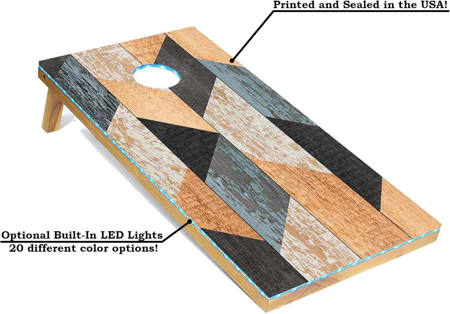 Tailgating Pros Cornhole Boards - 4'x2' Wood Pattern Cornhole Game w/Built-in Multicolored LEDs, Carrying Case, & Set of 8 Corn Hole Bean Bags w/Tote