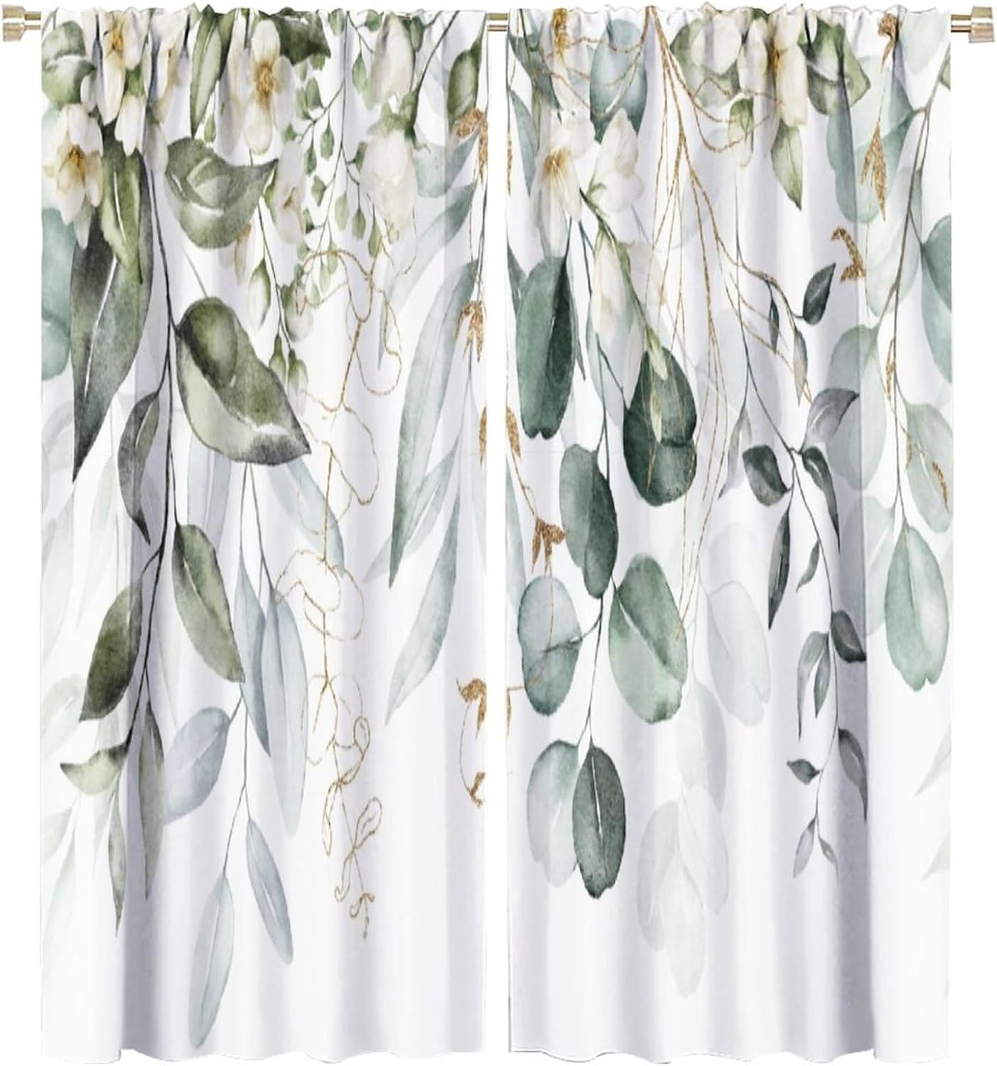 Green Eucalyptus Leave Curtains Watercolor Floral Spring Botanical Blackout Print Rod Pocket Window Drapes for Bedroom Living Room 42x45in