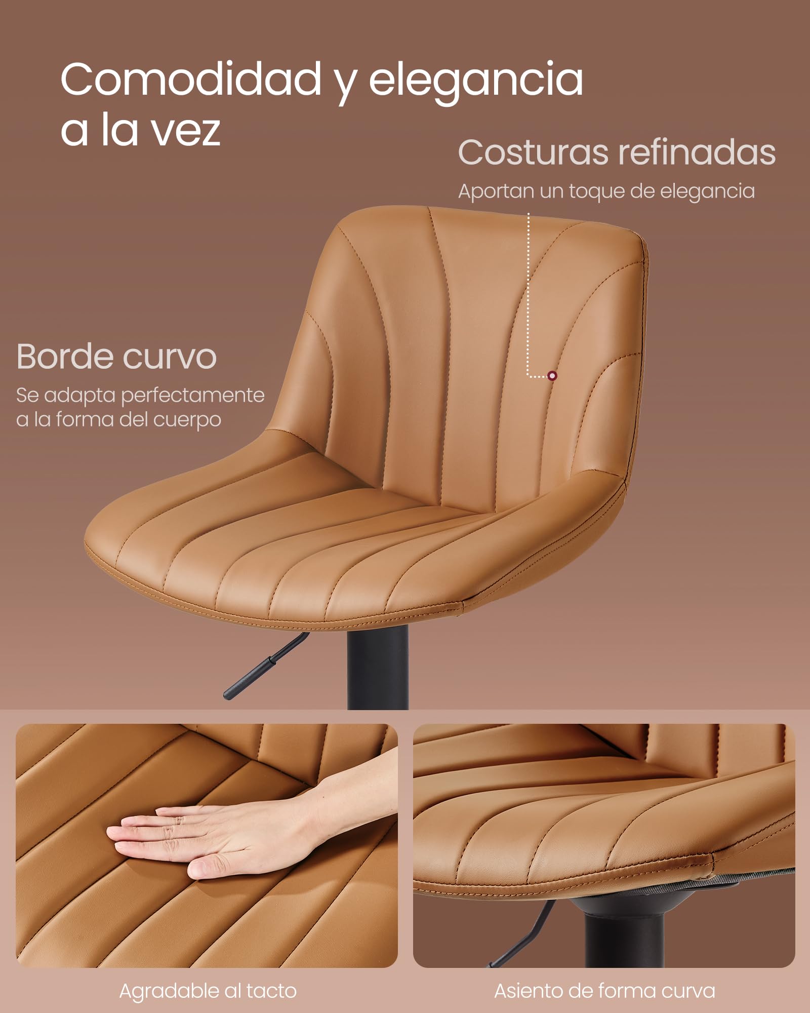 VASAGLE Taburetes de Bar, con Respaldo, Sillas de Bar de Altura Ajustable, Giro de 360°, Reposapiés de Metal, para Comedor y Cocina, PU, Juego de 2, Marrón Caramelo LJB181KN01