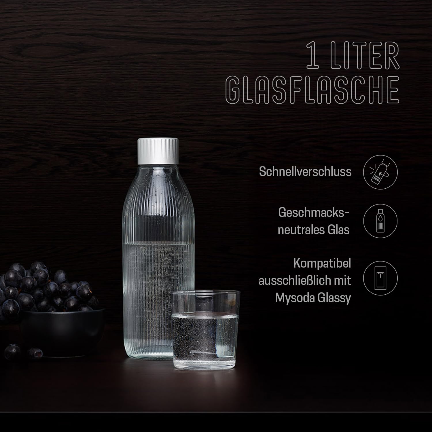 Mysoda: Glassy Wassersprudler aus Holzkomposit und Aluminium mit 1L Glasflasche (ohne C02-Zylinder) - Schwarz