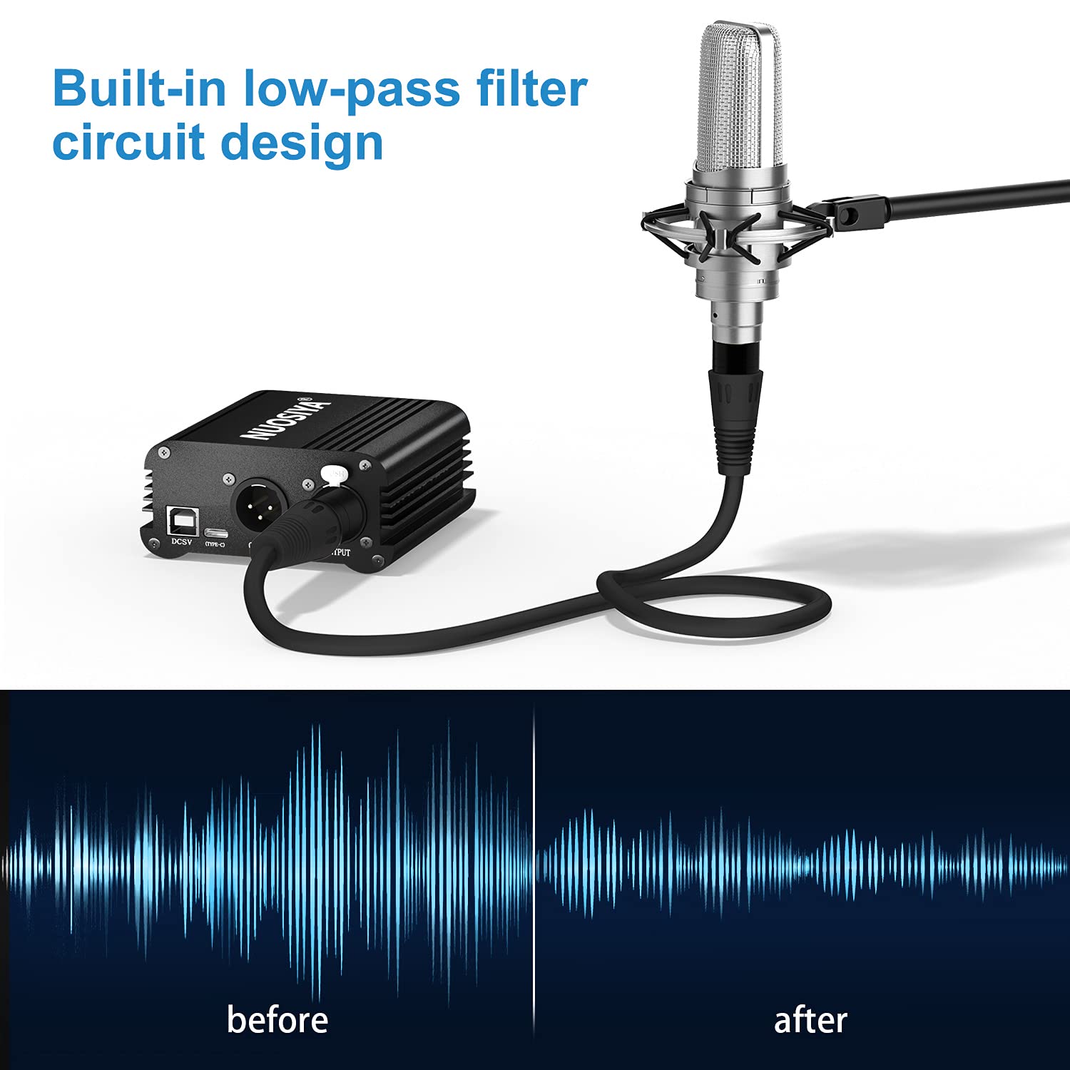 Bloc d'alimentation fantôme 1 canal 48 V avec câble USB, câble XLR 3 m (mâle vers femelle), anti-bruit, alimentation stable, pour tout microphone à condensateur équipement d'enregistrement de