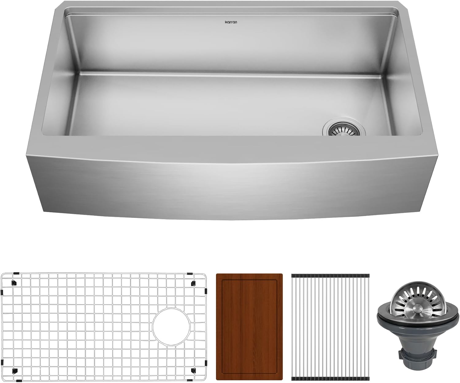 Karran Elite 36-Inch Single Bowl Apron Front Farmhouse Workstation Sink, 16 Gauge Stainless Steel, Smart Ledge System, Satin Finish, Accessories Included