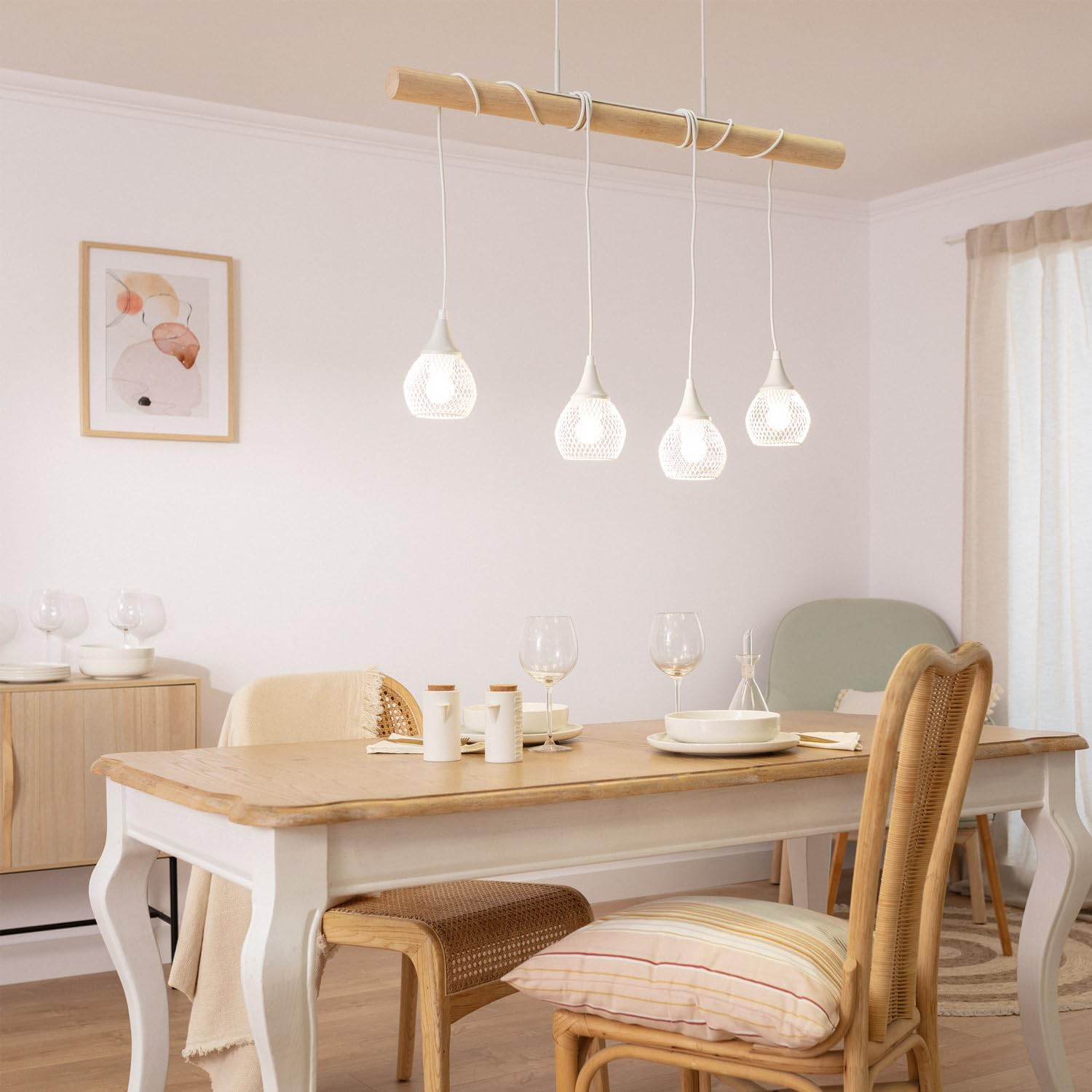 LEDKIA Lampada a Sospensione Legno e Metallo Monah Bianco | Design Nordico | Altezza Regolabile | Per Cucina, Soggiorno, Camera | Compatibile con E27 40W | Tris Lampadari